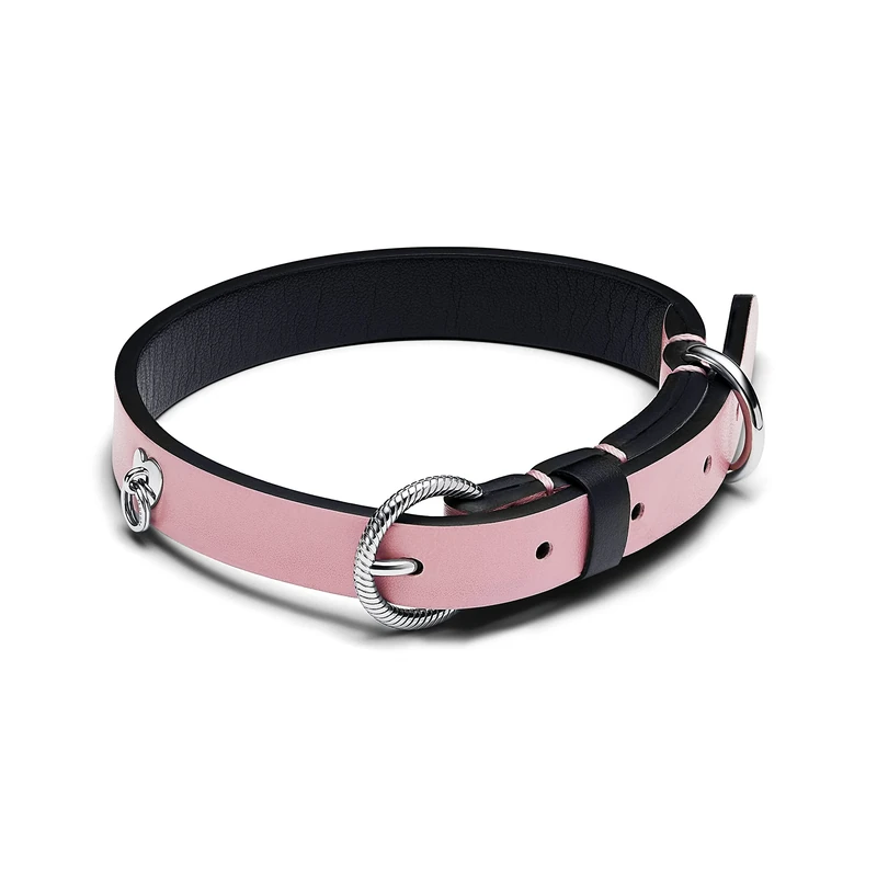 Pandora Moments 312262C02-L Pet Collar in Pink Leather-Free Fabric with Heart-Shaped Decorative Stainless Steel Studs, Size L, 36-46 cm, Large, Stainless Steel Corn fibres Viscose Stainless steel, No gemstone