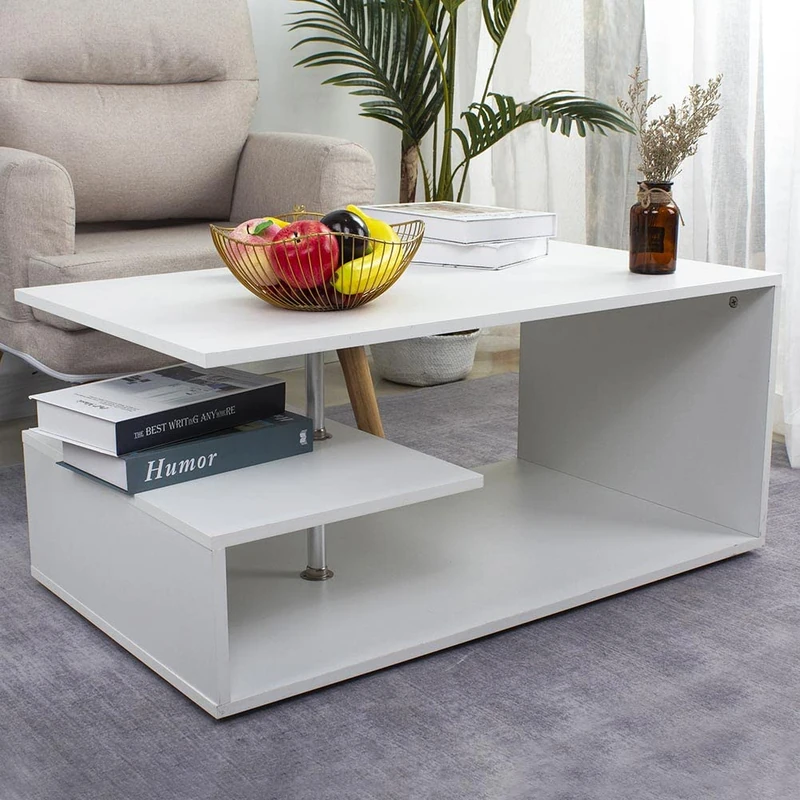 BAKAJI White Coffee Table Living Room Coffee Table PC Side Salon Double Shelf and Wooden Frame Modern Design 41 x 91 x 52.5 cm Home Office Furniture - Image 1