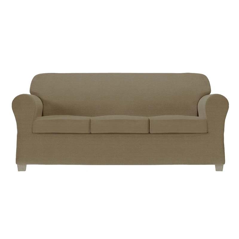 Zenna Home Chenille Stretch Slipcover, 4-Piece Sofa, Mushroom/Brown - Image 1