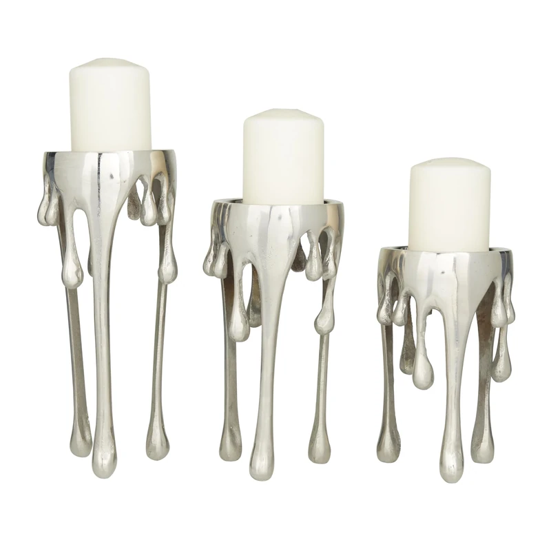 CosmoLiving by Cosmopolitan Contemporary Aluminum Candle Holder, Set of 3 12", 10", 8" H, Silver