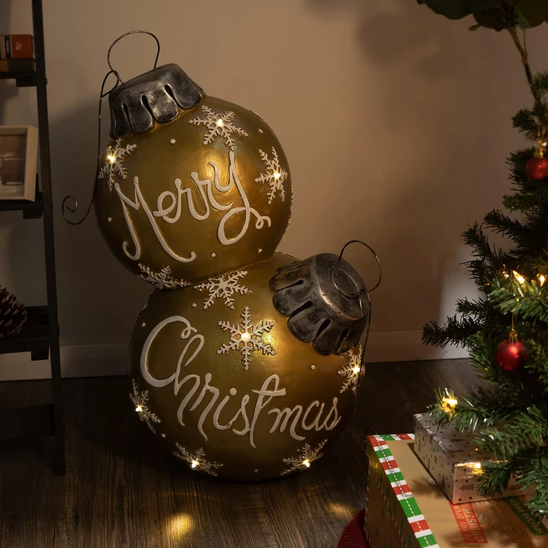 Alpine Corporation Holiday Merry Christmas Stacked Ornaments Statue with Color Changing LED Lights, Gold, L53 x W41 x H76 cm