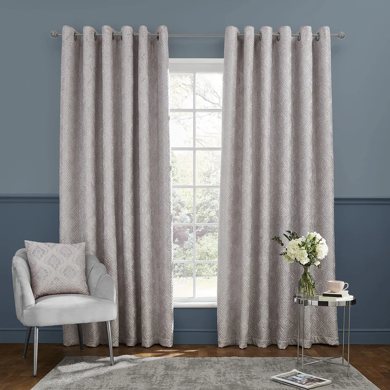 Catherine Lansfield Living Damask Metallic Pinsonic Foil 66X72 Inch Thermal Eyelet Curtains Two Panels Grey