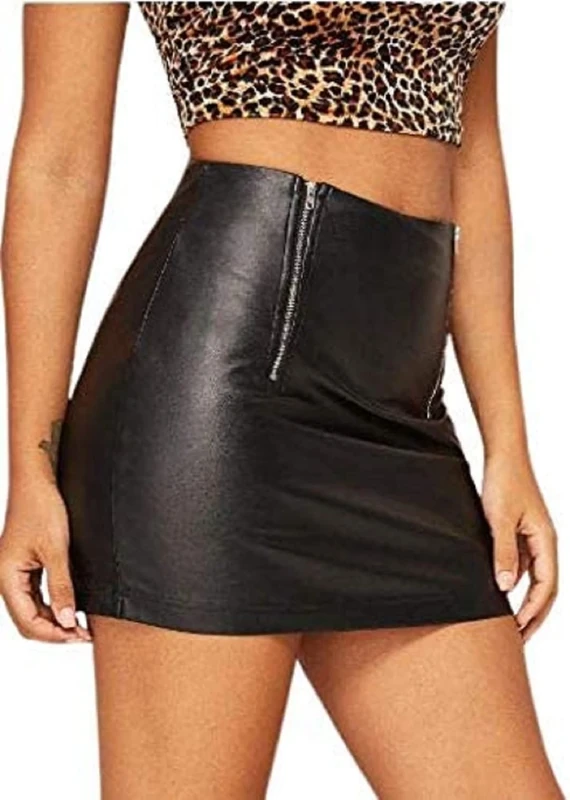 JACKETZONE Black Zipper Faux Leather Mini Skirt | Ladies Mini Skirt Sexy Wet Look