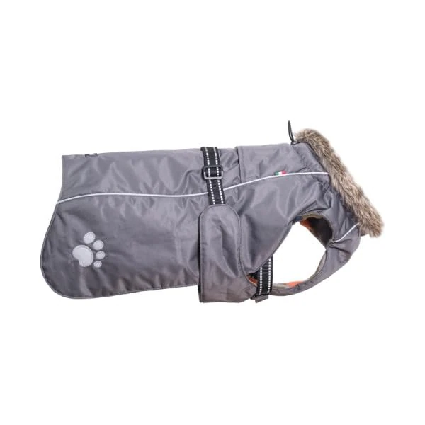 Chiara Dog Coat with Dog Harness (Dog Clothes with Fleece and Faux Fur Collar, Warm Dog Coat, Reflective Stripes on Back and Strap, Adjustable, Size XL) Colour: Black