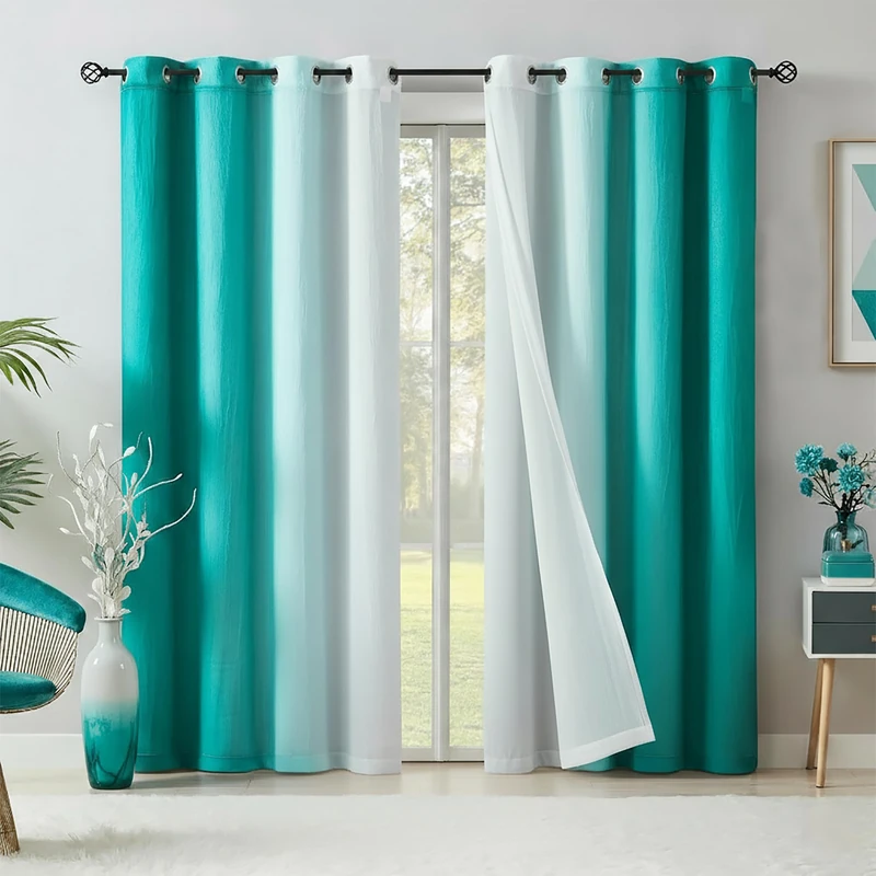 Teal Blackout Curtains with Ombre Sheers Overlay 84 Inch Long for Living Room Bedroom Decor, Mix and Match Double Layer 90% Blackout Window Drapes for Children Room, Nursery, Grommet Top, 52"W, 4Pcs
