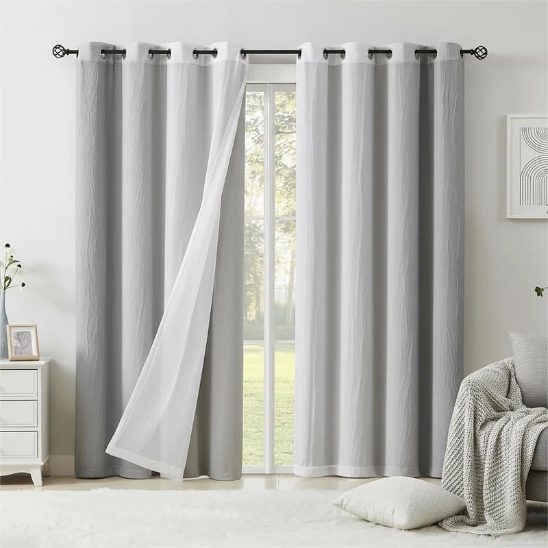 Grey Blackout Curtains with Ombre Sheers Overlay 84 Inch Long for Living Room Bedroom Decor, Mix and Match Double Layer 90% Blackout Window Drapes for Office, Nursery, Grommet Top, 52"W, 4 Panels