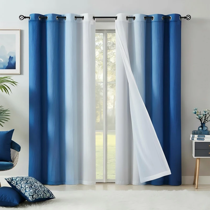 Ombre Blackout Curtains 4 Pieces Set for Living Room Bedroom Decor, 95 Inch Length Mix & Match Double Layers Curtain Panels 90% Room Darkening Thermal Drapes for Office, Nursery, Grommet Top, Blue