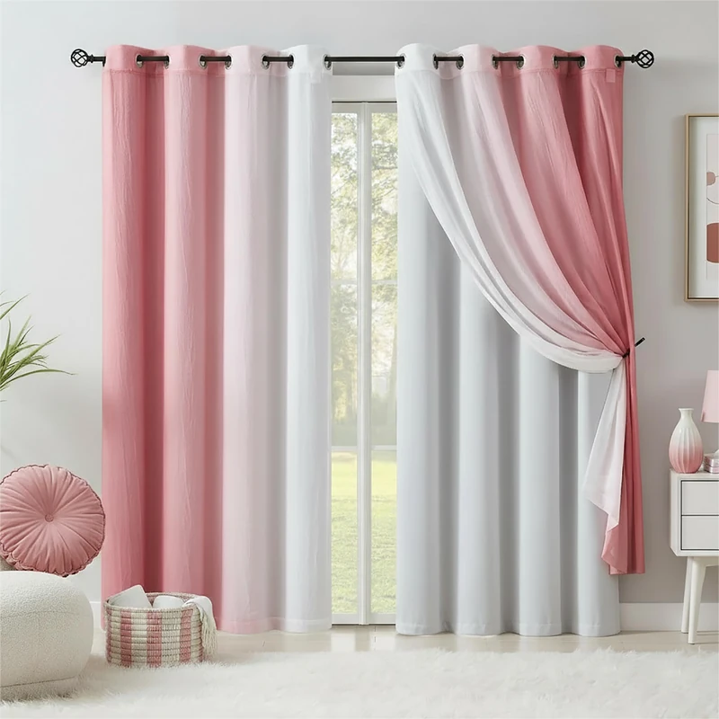 Pink 90% Blackout Curtains with Ombre Sheers Overlay Mix and Match Double Layer Thermal Insulated Window Panels 63 Inch Length for Living Room Bedroom Home Decor, Grommet Top, 52"W x 63"L, 4pcs