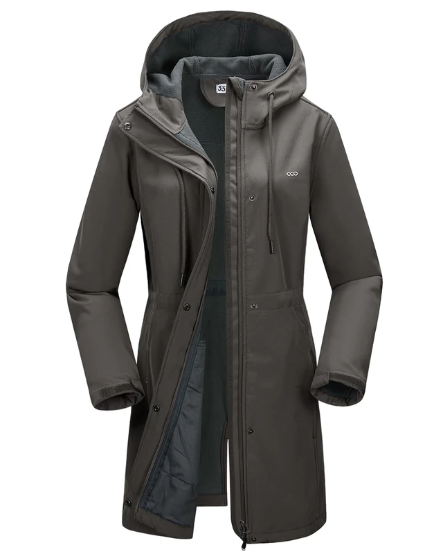 33,000ft Women’s Softshell Jacket with Hood Waterproof Ladies Functional Jacket Fleece Lined Windbreaker Breathable Raincoat Hooded Long Coats for Cycling Hiking Outdoor Grey 3XL