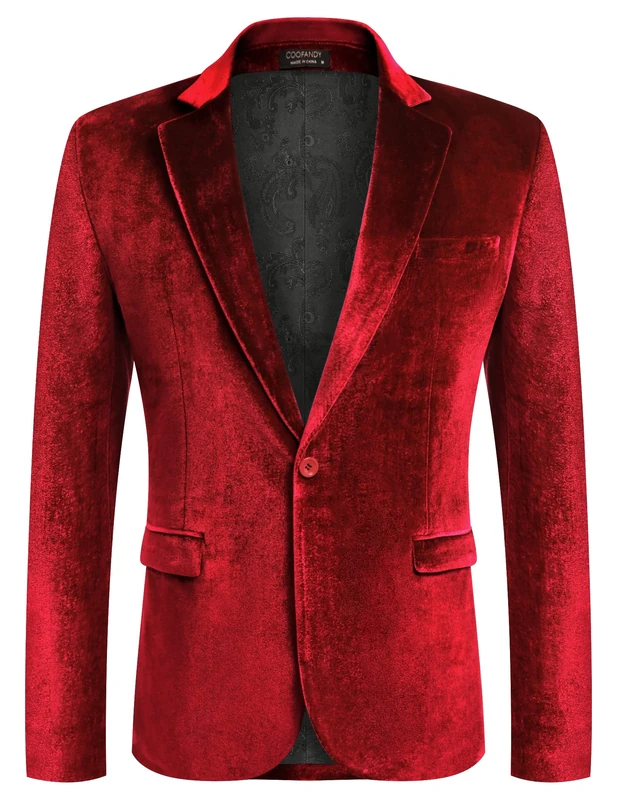 COOFANDY Men's Velvet Blazer Notched Lapel Velour Suit Jacket One Button Tuxedo Jackets for Wedding Prom Party Dinner, Red, M