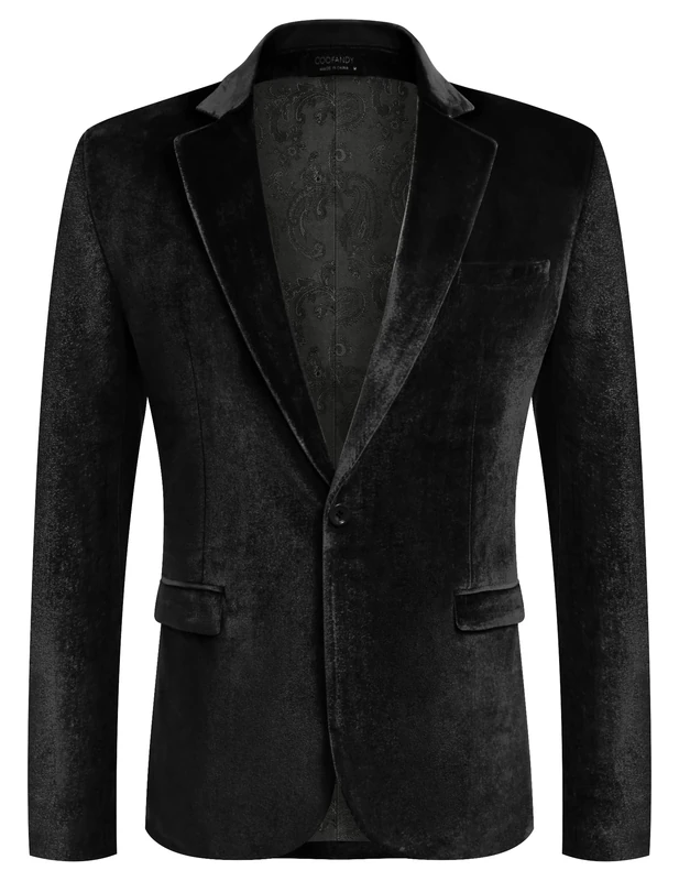 Coofandy Men's Velvet Blazer Notched Lapel Velour Suit Jacket One Button Tuxedo Jackets for Wedding Prom Party Dinner, Black, S
