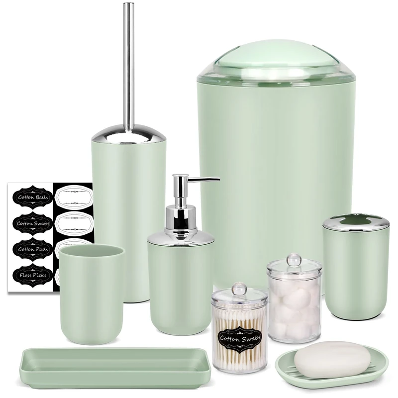 IMAVO Bathroom Accessory Set - 8 Pcs Green Bathroom Accessories Set with Trash Can, Soap Dispenser, Soap Dish, Toothbrush Holder, Toothbrush Cup, Toilet Brush Holder, Qtip Holder Dispenser with Labels