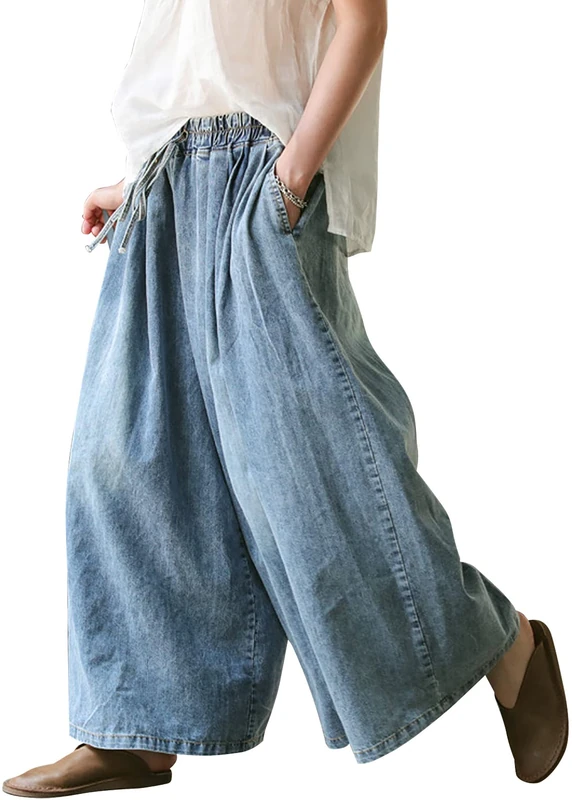 UQJE Women's Baggy Wide Leg Jeans Plus Size Jeans Loose Denim Pants with Deep Pockets, Light Blue, M