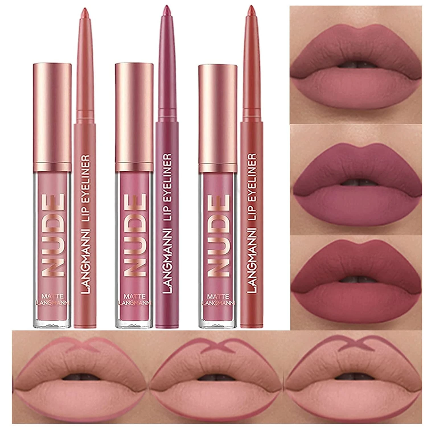 6Pcs Matte Liquid Lipstick Lip Liner Set, Velvety Nude Lipgloss Waterproof Non-Stick Cup Not Fade Liquid Lipstick Lipliner Make Up Gift Set (Set C)
