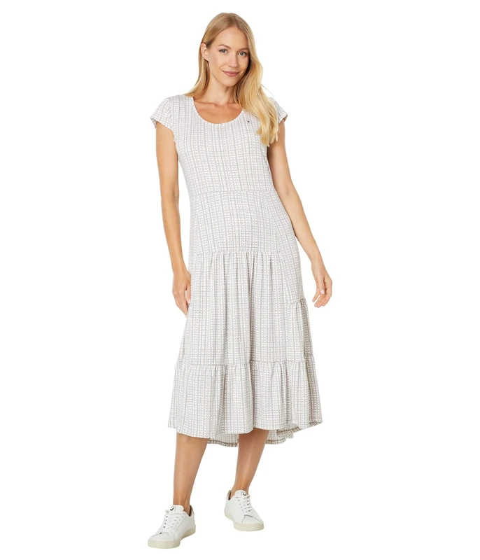Tommy Hilfiger Women's Tiered Stripe Midi Dress, Khaki Multi, XL - Image 1