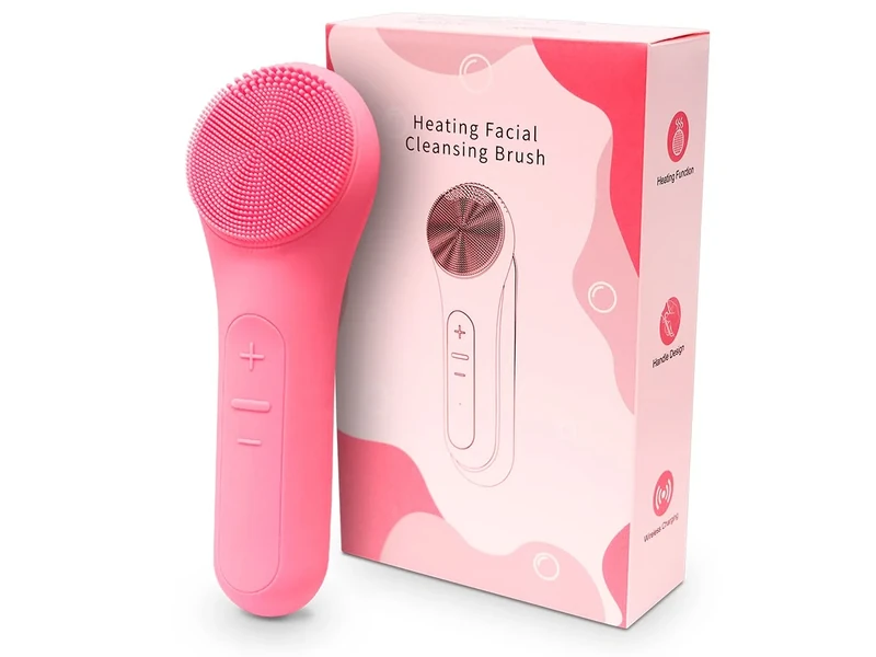 QUIRUMED Facial Cleansing Brush with Heat Function Electric Face Massager Silicone Waterproof Ergonomic USB Charging 3.5W Pink Color