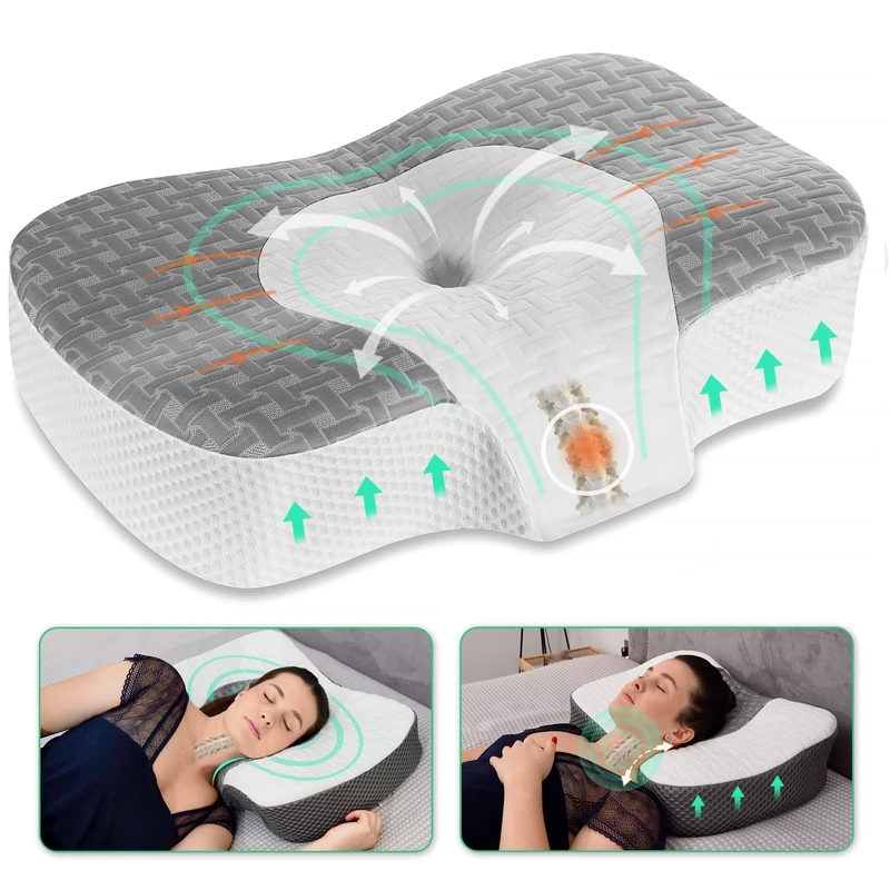 Elviros Cervical Memory Foam Neck Pillow for Side Sleeping, Orthopedic Pillows for Back and Stomach Sleepers, Adjustable Ergonomic Bed Pillow Pain Relief (Grey)