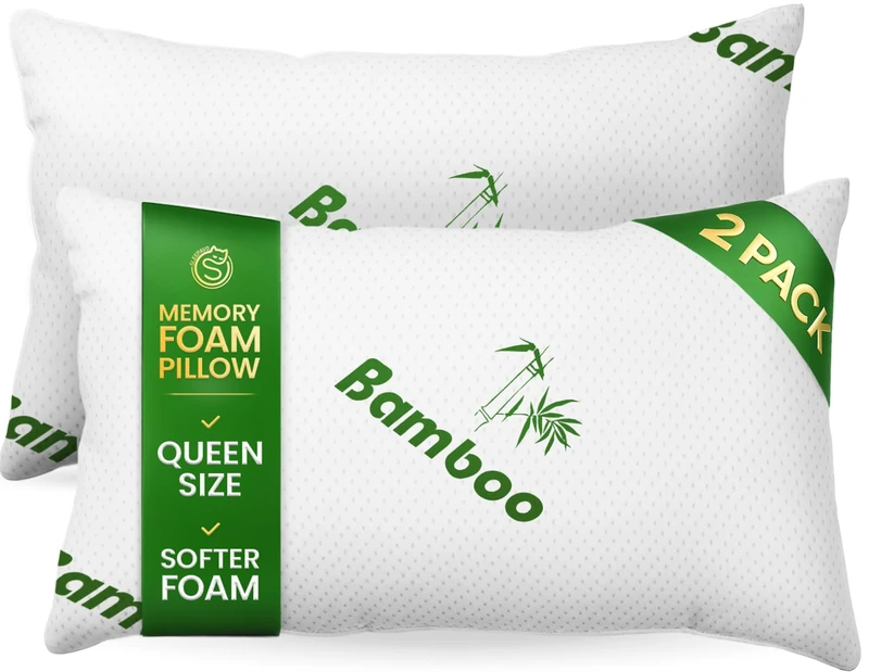 Sleepavo Memory Foam Pillows Queen Size Set of 2 – Cooling Bed Pillows for Sleeping – Soft & Comfortable Shredded Memory Foam Pillows for Side, Back & Stomach Sleepers – Rayon Derived from Bamboo - Image 1