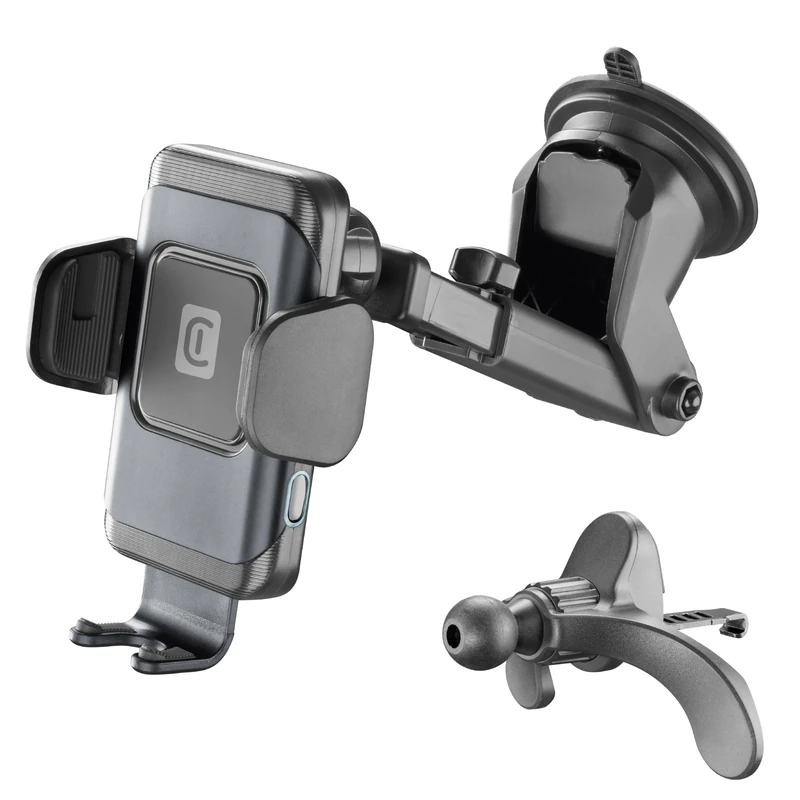 cellularline | Hug Air 15 | Smartphone Holder for Car Wireless Charging Qi - Automatic Opening and Closing - Double Mount Suction Cup for Dashboard and Hook for Ventilation Fins - Output 10W