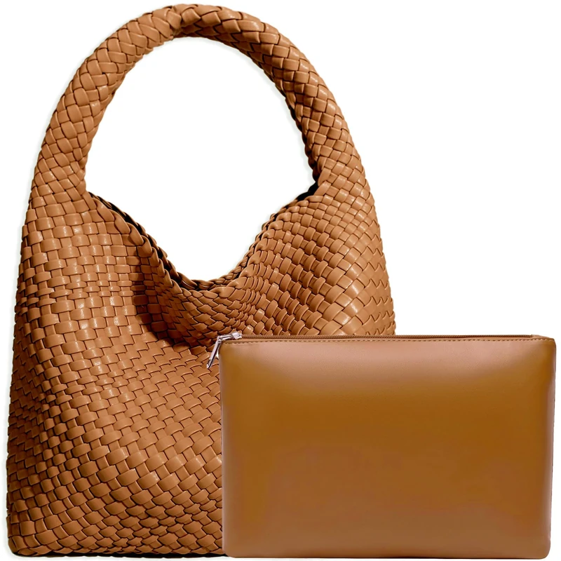 JINMANXUE Women Vegan Leather Hand-Woven Tote Handbag Fashion Shoulder Top-handle Bag All-Match Underarm Bag with Purse, Caramel
