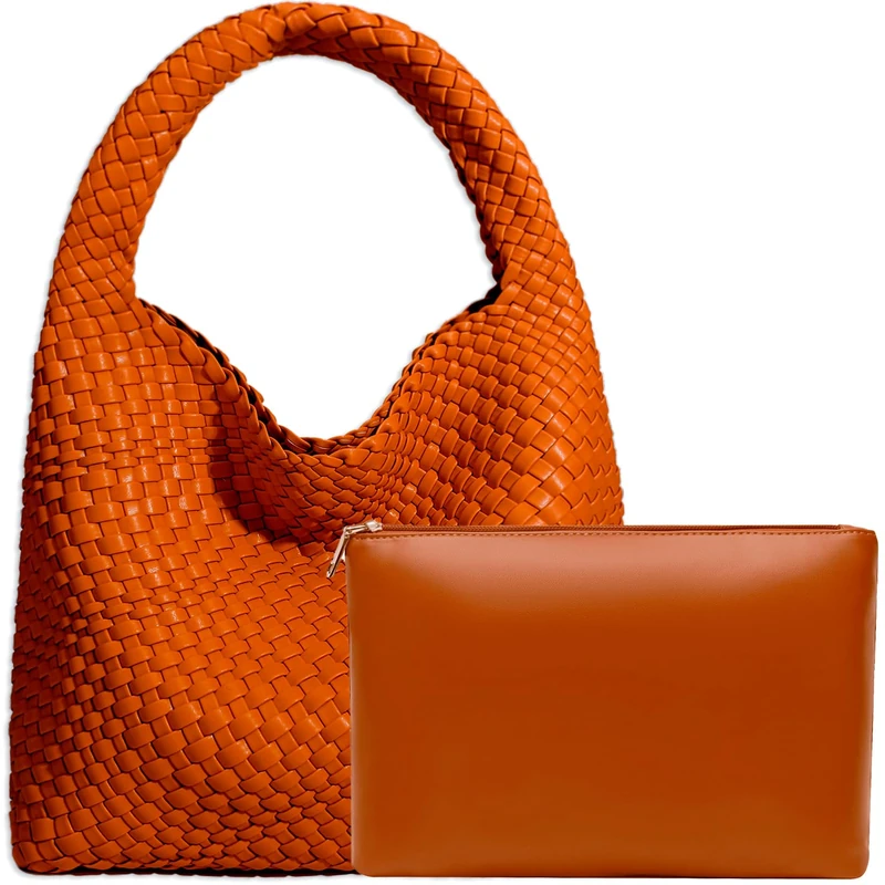 JINMANXUE Women Vegan Leather Hand-Woven Tote Handbag Fashion Shoulder Top-handle Bag All-Match Underarm Bag with Purse, Orange