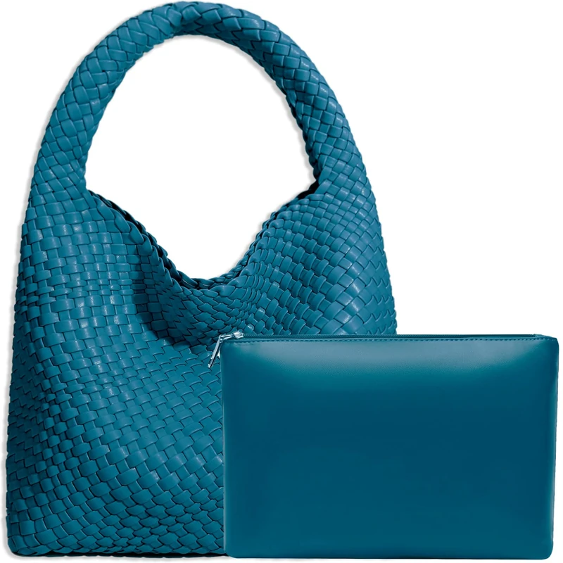 JINMANXUE Women Vegan Leather Hand-Woven Tote Handbag Fashion Shoulder Top-handle Bag All-Match Underarm Bag with Purse, Lake Blue