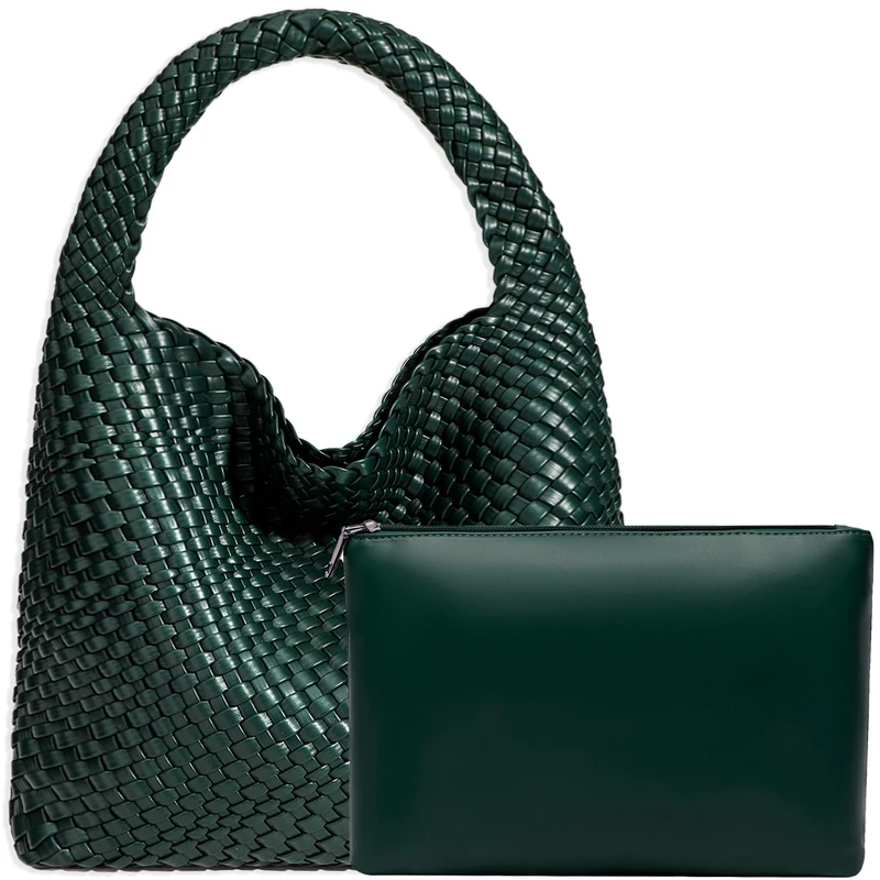 JINMANXUE Women Vegan Leather Hand-Woven Tote Handbag Fashion Shoulder Top-handle Bag All-Match Underarm Bag with Purse, Dark Green