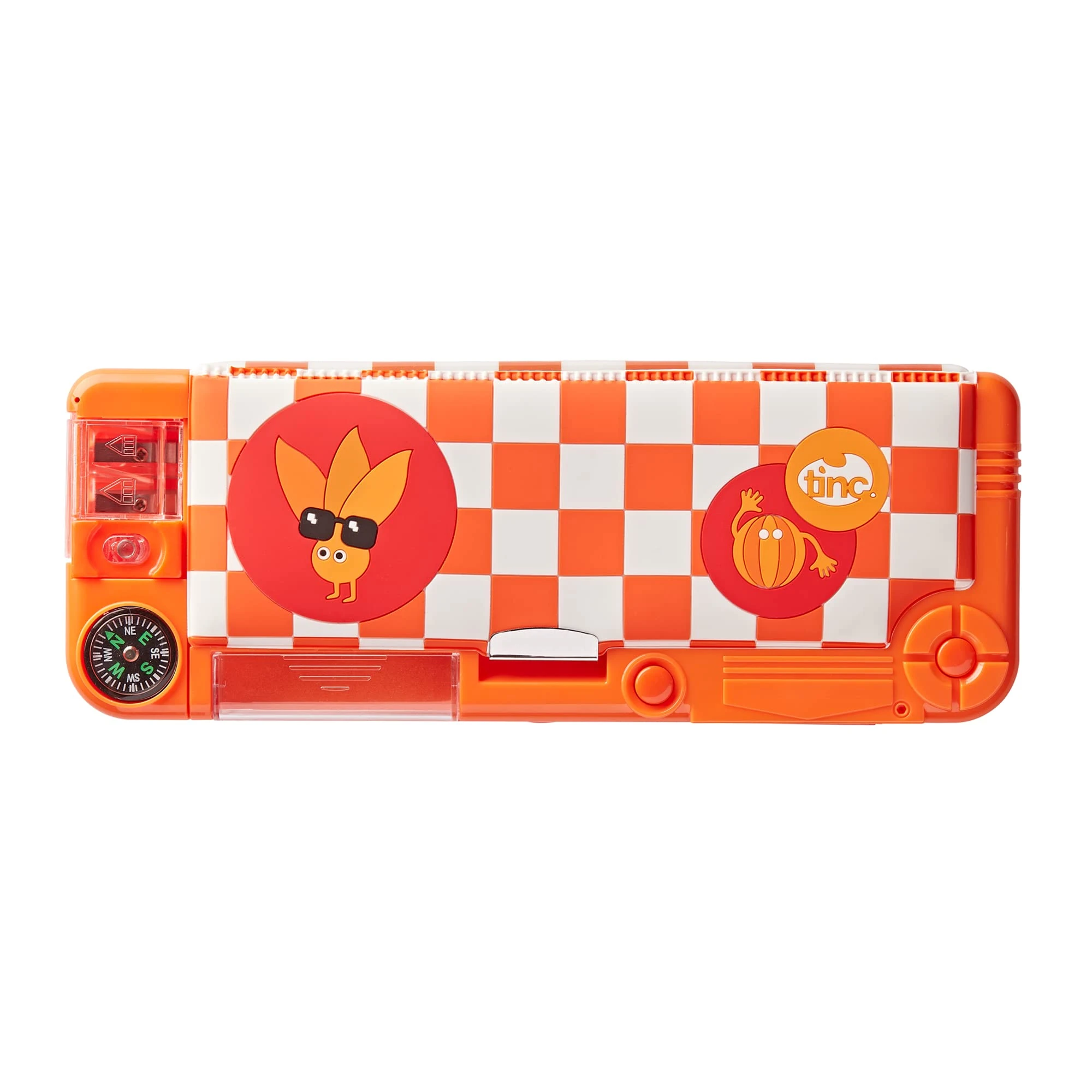 Tinc Pop-Out Compartment School Pencil Case - Orange, Includes Pencil with Eraser Topper, Ballpoint Pen & 15cm Ruler - Secret Compartments with Push Button, One Size (SNPCOJAY)