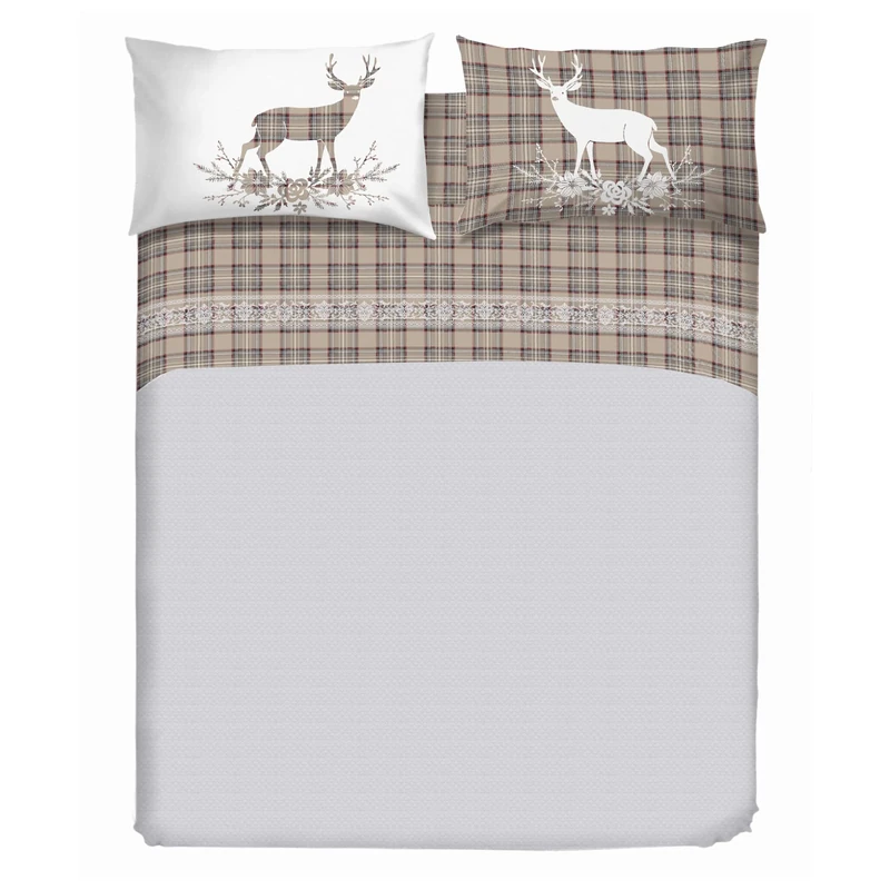 PENSIERI DELICATI Double Bed Sheet Set, 100% Cotton, 180 x 200 cm Double Bed Sheet Set, Includes Bottom Sheet, Top Sheet and 2 Pillowcases, Made in Italy, Beige Deer Tartan Pattern