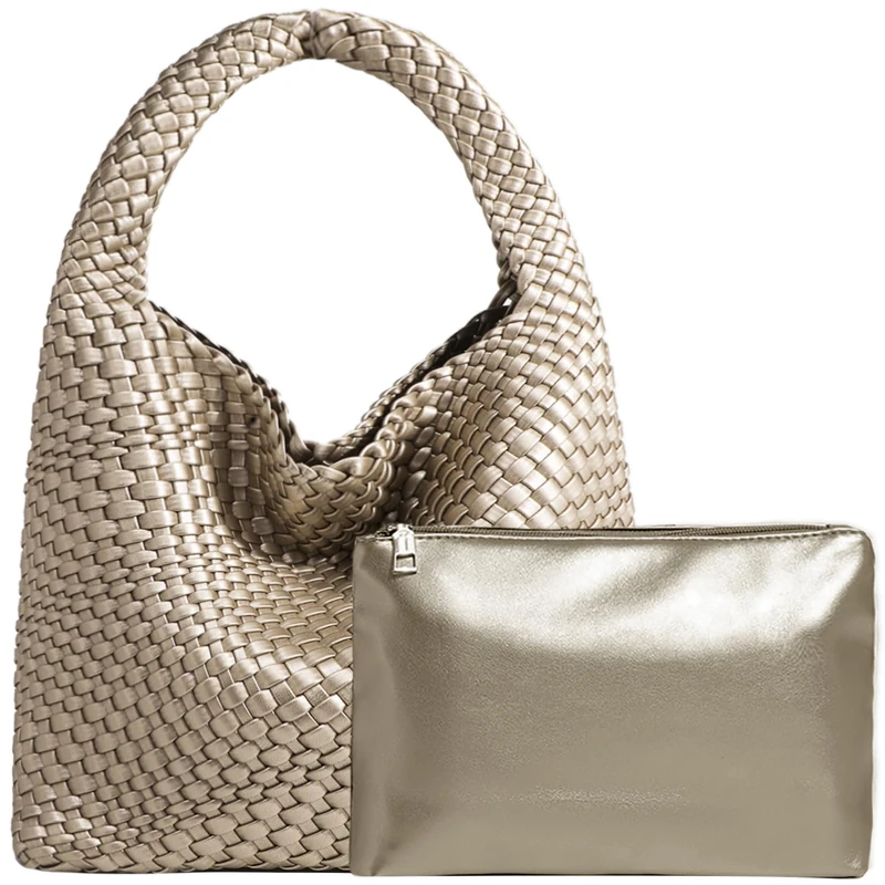 JINMANXUE Women Vegan Leather Hand-Woven Tote Handbag Fashion Shoulder Top-handle Bag All-Match Underarm Bag with Purse, Gold