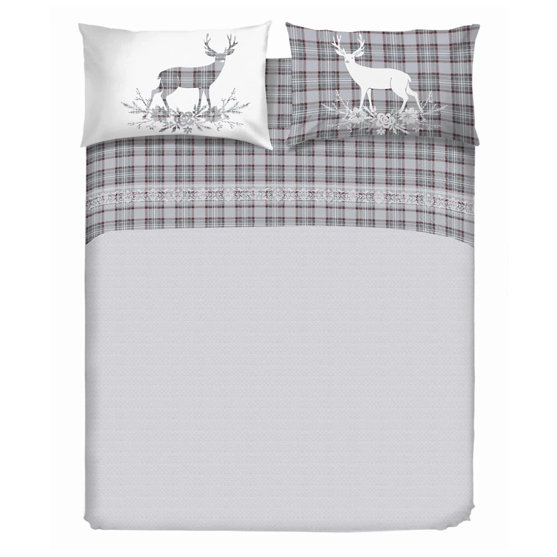 PENSIERI DELICATI Double Bed Sheet Set, 100% Cotton, 180 x 200 cm, Includes Bottom Sheet, Top Sheet and 2 Pillowcases, Made in Italy, Grey Deer Tartan Pattern