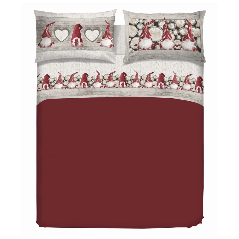 PENSIERI DELICATI Double Bed Sheet Set, 100% Cotton, 180 x 200 cm, Includes Bottom Sheet, Top Sheet and 2 Pillowcases, Made in Italy, Red Gnome Pattern