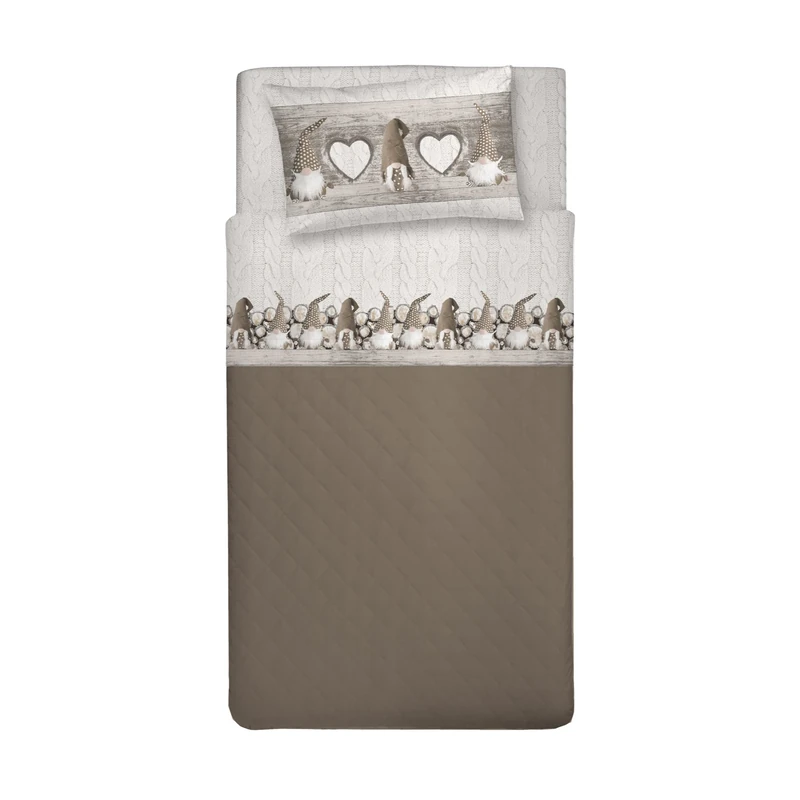 PENSIERI DELICATI 3/4 Bed Sheet Set, 100% Cotton, 120 x 200 cm, Includes Bottom Sheet, Top Sheet and 1 Pillowcase, Made in Italy, Beige Gnome Pattern