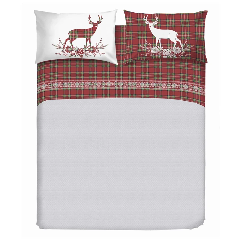 DELICATI Double Bed Linen, 100% Cotton, 180 x 200 cm, Bottom Sheet, Top Sheet, 2 Pillowcases, Made in Italy, Red Deer Tartan