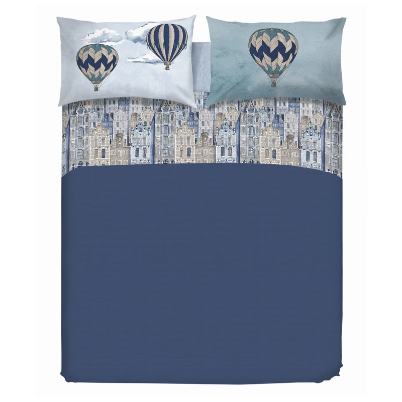 PENSIERI DELICATI Double Bed Sheet Set, 100% Cotton, 180 x 200 cm, Includes Bottom Sheet, Top Sheet and 2 Pillowcases, Made in Italy, Light Blue Flying Pattern
