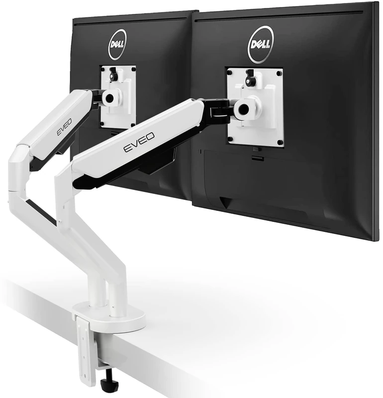 EVEO Premium Dual Monitor Mount 14"-35” Dual Monitor Arm VESA Bracket Adjustable Height Gas Spring Dual Monitor Stand, Screen Full Motion Dual Monitor Arm-Computer Monitor Stand for 2 Screens - White