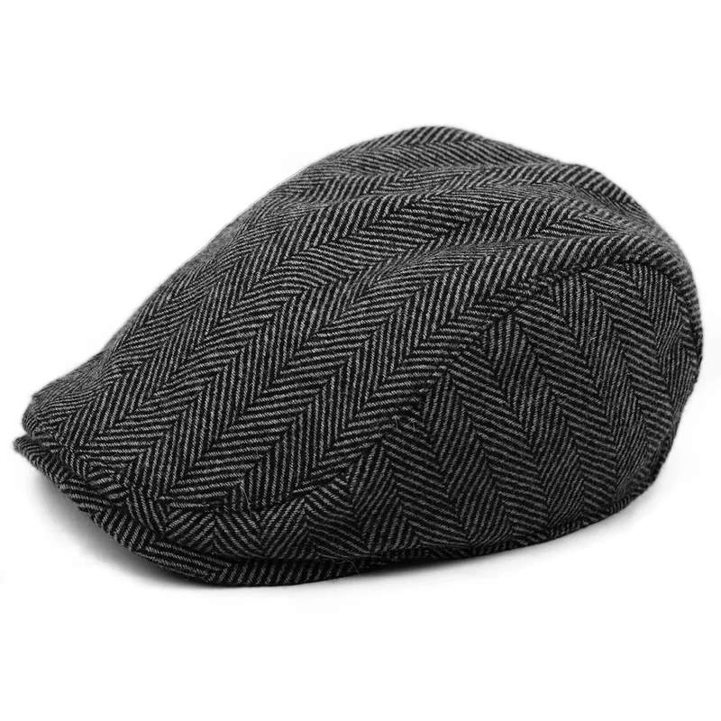 The Original Boston Scally Cap - The Original Newsboy Flat Cap - Single Panel Cotton Fitted Hat for Men - Grey Herringbone, Grey Herringbone, M-L