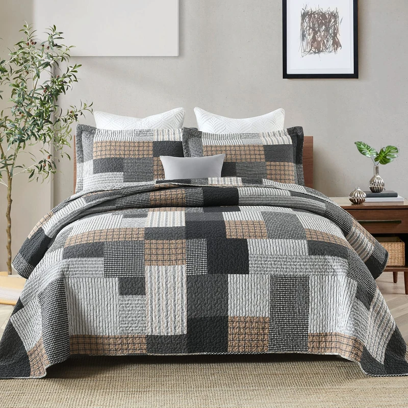 SahSahCasa Queen Size Bedding Set, 100% Cotton, Queen Size Quilt, Farmhouse Plaid, Patchwork Bedding Set, Reversible, Lightweight, Rustic, Quilted, for All Seasons, White, 3-Piece