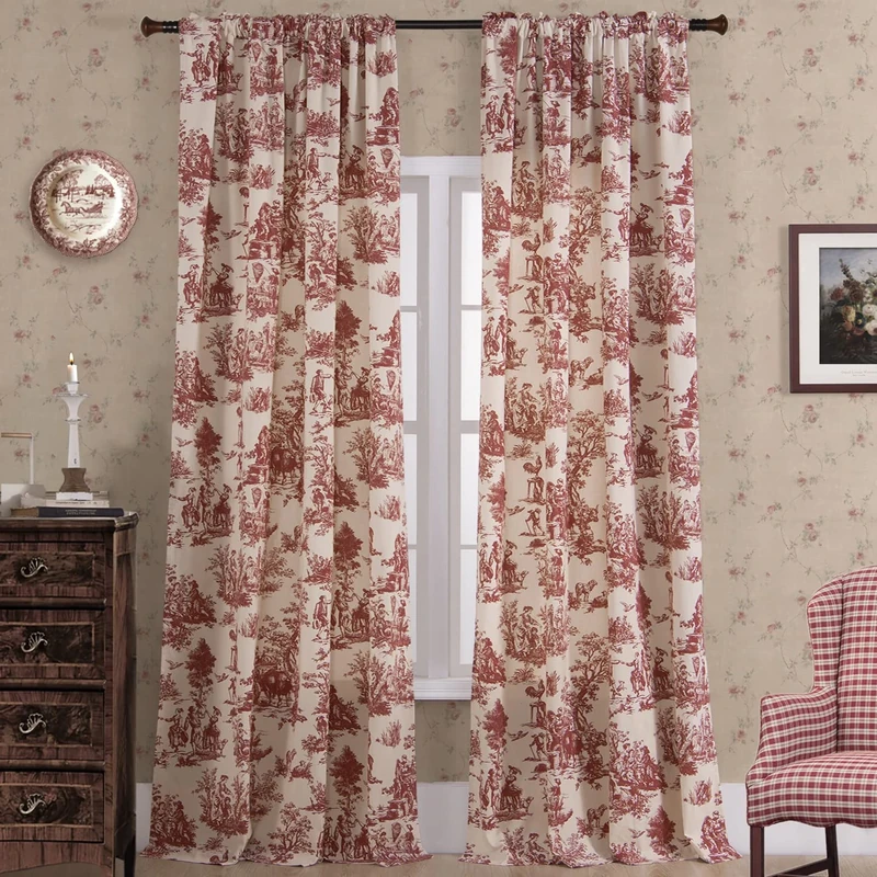 Red Curtains Drapes 84 Inch Length for Dining Room Decor,Pretty Toile Pattern Print Cream White Blackout Floral Farmhouse Christmas Country Cute Curtain for Living Bedroom Window Set 2 Panels Burgundy