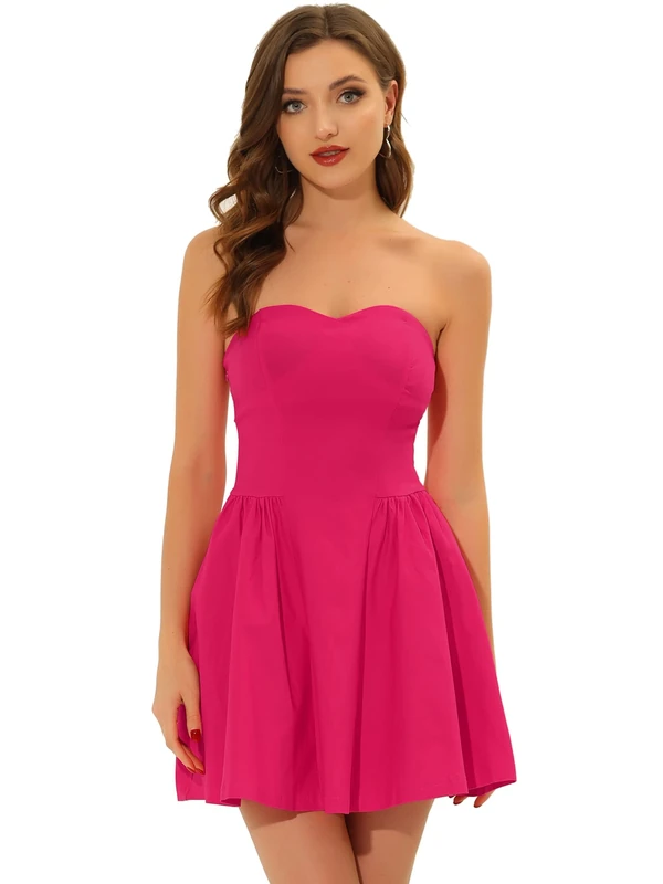Allegra K Women's Sexy Strapless Party Dress Sweetheart Neck Off Shoulder Sleeveless Mini Dress, Rose Red, S