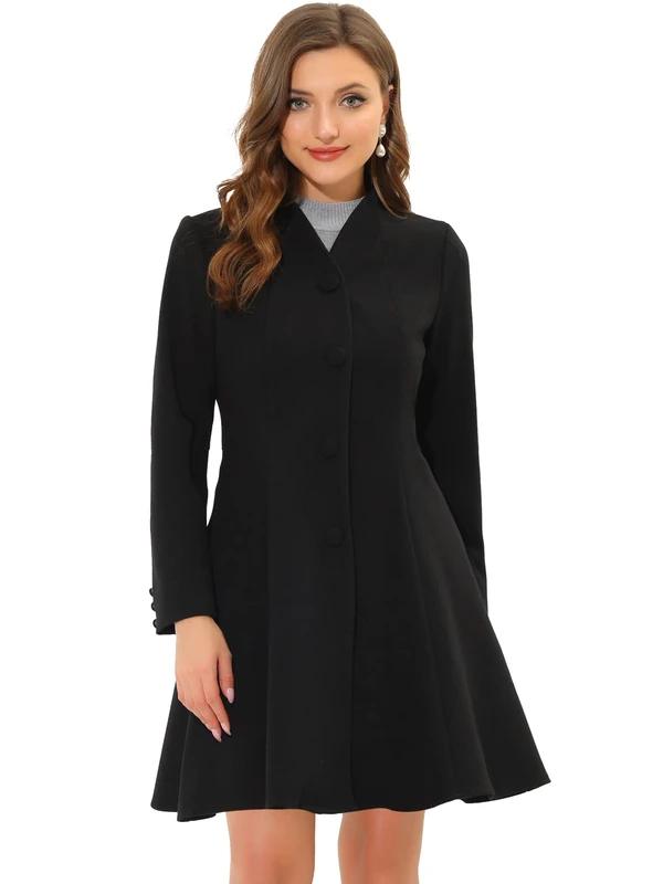 Allegra K Women's Single Breasted Coat A Line Mid-Long Peacoats Outerwear Winter Coats, Black, M