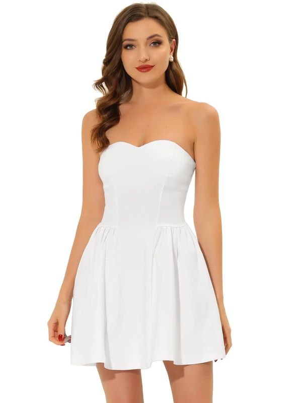 Allegra K Women's Sexy Strapless Party Sweetheart Neck Fit and Flare Mini Tube Top Dress, White, S