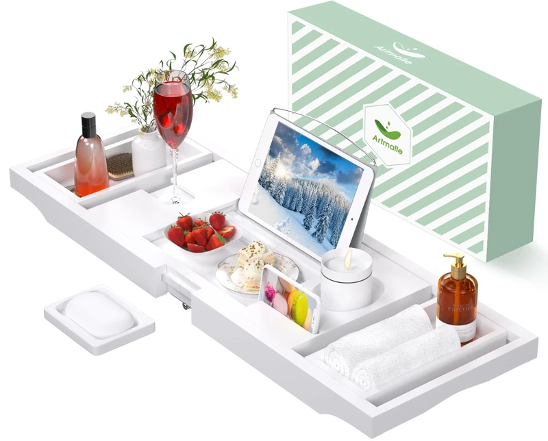 Artmalle Bathtub Caddy Tray - Expandable and Foldable Bath Tray for Tub, Luxury Bamboo Bath Caddy Tub Table, Bathtub Accessories with Book Holder and Free Soap Dish, White