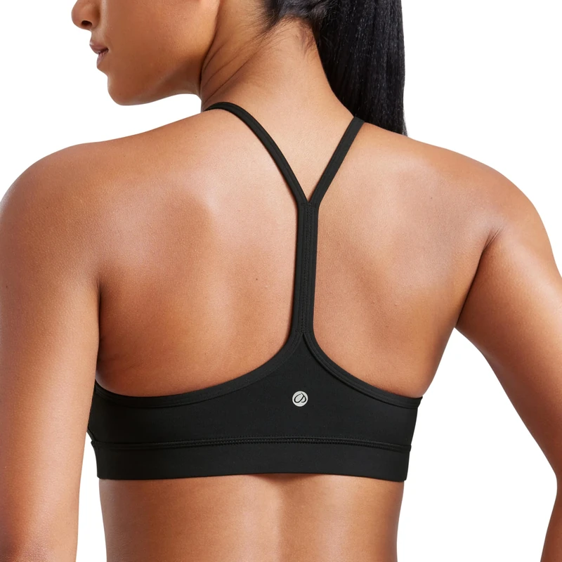 CRZ YOGA Women's Butterluxe Padded Sports Bra - Low Impact Y Back Strappy Bra Racerback Spaghetti Straps Gym Yoga Bras Black M