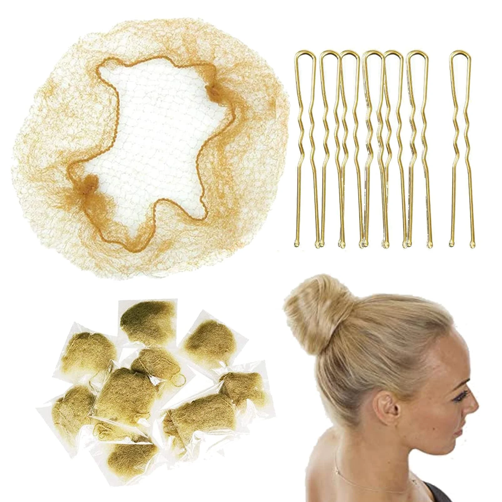 Invisible Hair Nets and U-shaped pins Set - Blonde Elastic Edge Mesh Hair Nets 50pcs & U-shaped Bobby Pins 50pcs for Kids Women's Bun (With Storage)
