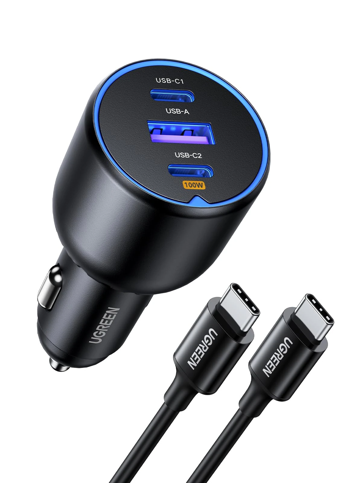 UGREEN 130W USB C Car Charger 3-Port PD 100W PD3.0/QC4.0/PPS Fast Car Charger Adapter with 100W USB C Cable Compatible with iPhone 17/16/15/14 Series, Galaxy S25/S24/S23 Ultra, iPad, Tablet, Laptop
