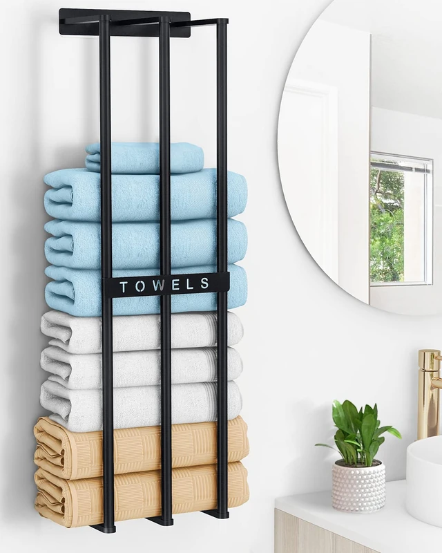 Towel Rack Wall Mounted, Towel Storage Wall Mounted, 75cm Bathroom Towel Holder Can Hold 6 Large Bath Sheets, 3 Bar Rail Bath Towel Racks, Bathroom Towel Storage Rack for Rolled Salon Towel, Black