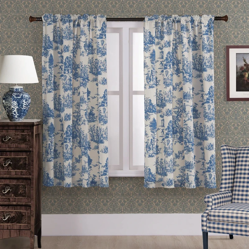 Blue Curtains 63 Inch Length for Living Room 2 Panels Light Filtering Privacy Sheer Floral Toile Print Patterned Cream Beige Chintz Cotton Blackout Window Drapes Darkening Bedroom Curtain 63 Inch Long