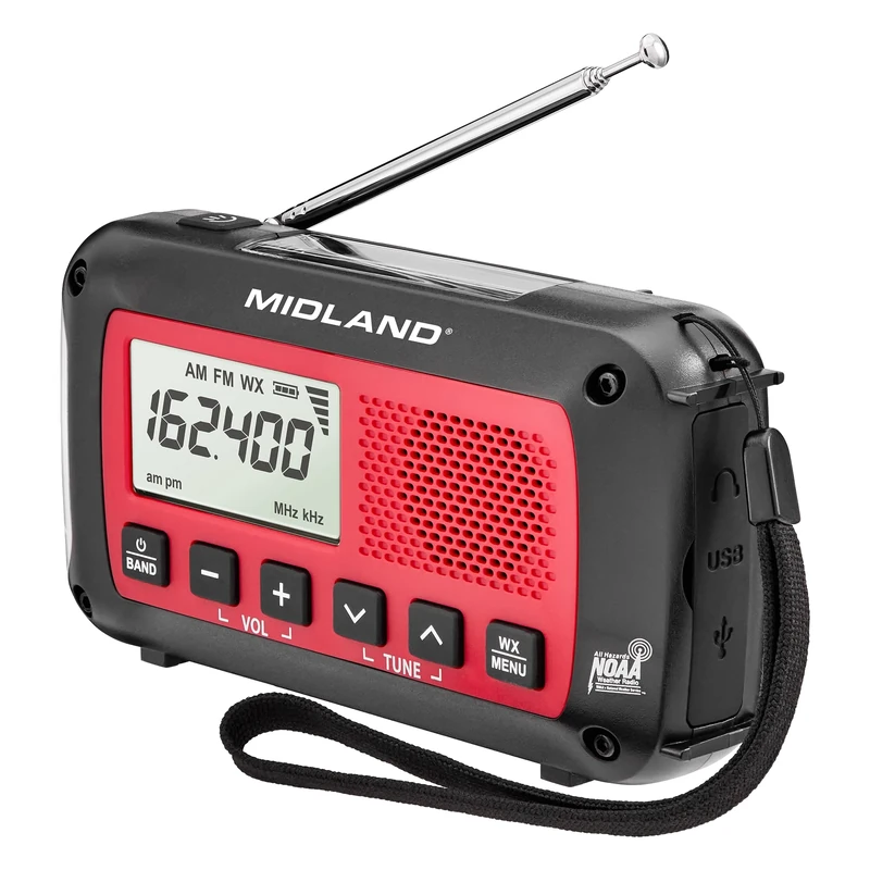 Midland ER40 Emergency Crank Radio - Solar Panel, Hand Crank, SOS Strobe Flashlight, NOAA Weather Alert, Digital AM/FM With Clock - Rechargeable Battery