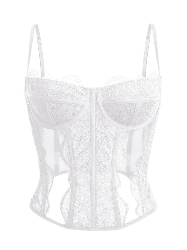Dealmore Corset Tops For Women Going Out Lace Mesh Date Night Spaghetti Strap Party Club Top, White, Large